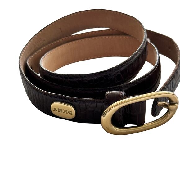 Vintage DKNY Belt Croc Leather Oval Gold-Tone Buckle Dark  display picture 3